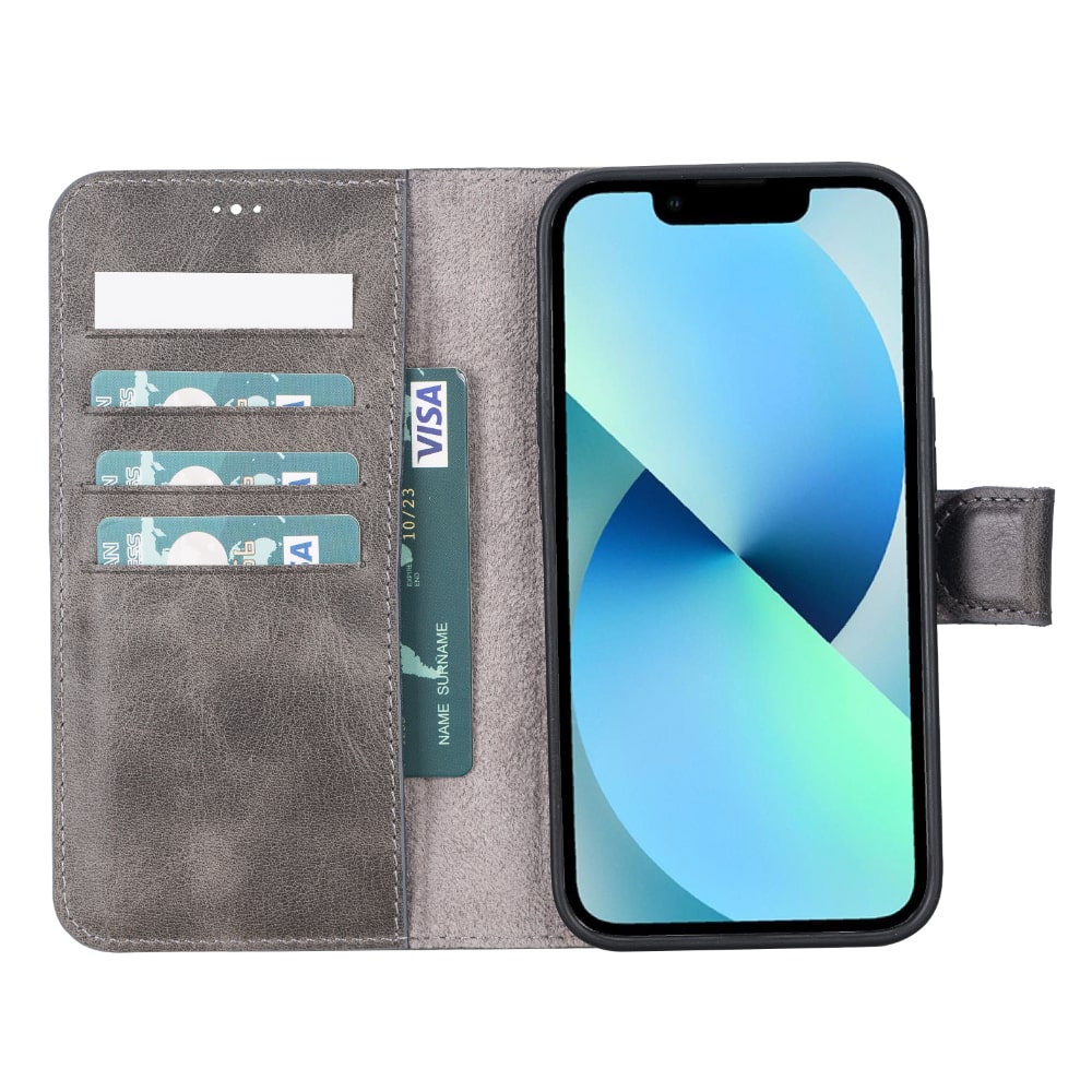 Vintage Black Leather iPhone 13 Max Detachable Bi-Fold RFID Wallet Case with MagSafe & Card Holder - Bomonti - 3Vintage Black Leather iPhone 13 Detachable Bi-Fold RFID Wallet Case with MagSafe & Card Holder - Bomonti - 3
