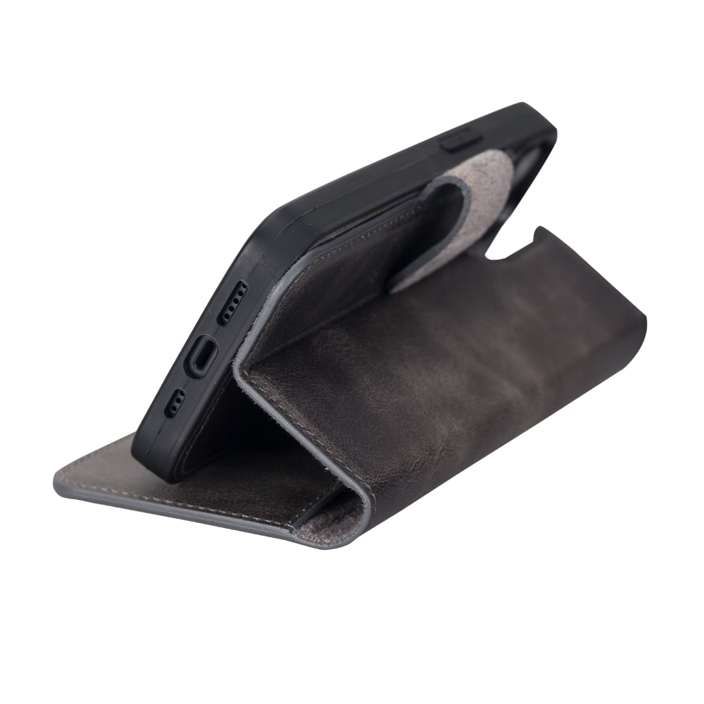 Vintage Black Leather iPhone 13 Detachable Bi-Fold RFID Wallet Case with MagSafe & Card Holder - Bomonti - 7