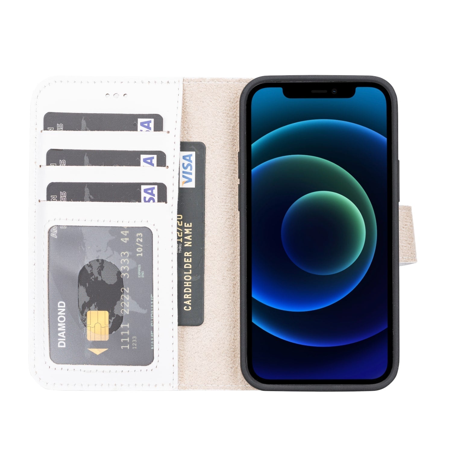 White Leather iPhone 13 Mini Detachable Bi-Fold RFID Wallet Case with MagSafe & Card Holder - Bomonti - 2