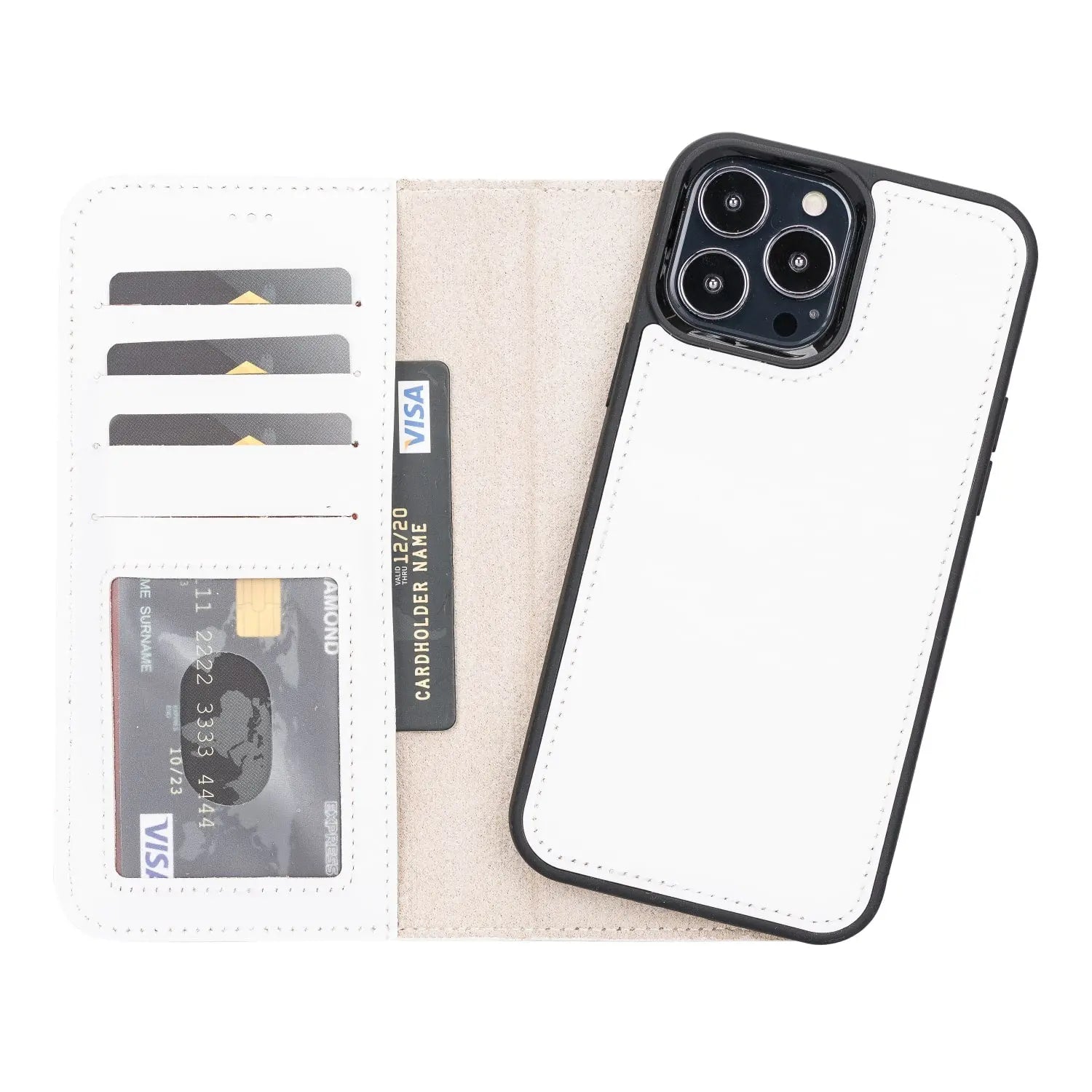 White Leather iPhone 15 Pro Max Detachable Card Holder Wallet Case with Magsafe-Bomonti