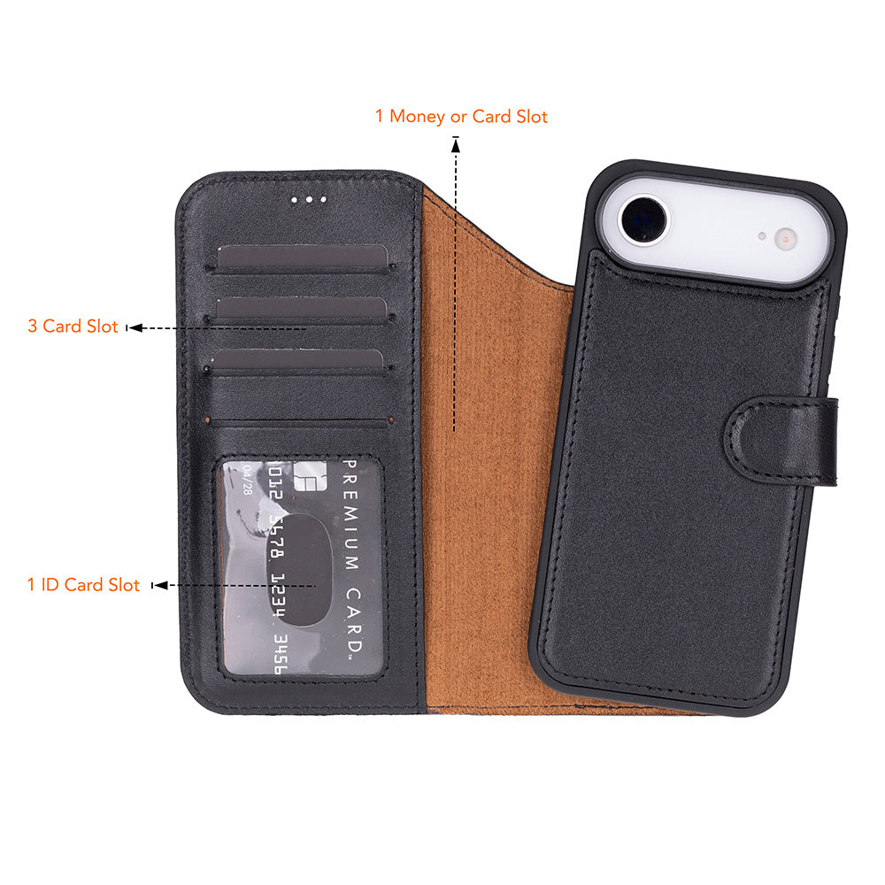 Black Leather iPhone 17 Air Detachable Wallet Case