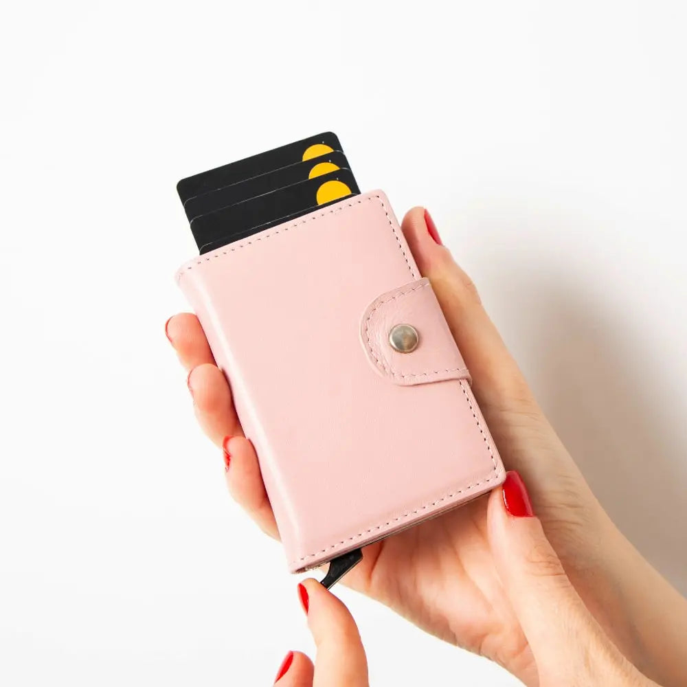 Pink Leather Pop-Up RFID Blocking Detachable Cardholder Wallet - Bomonti Goods