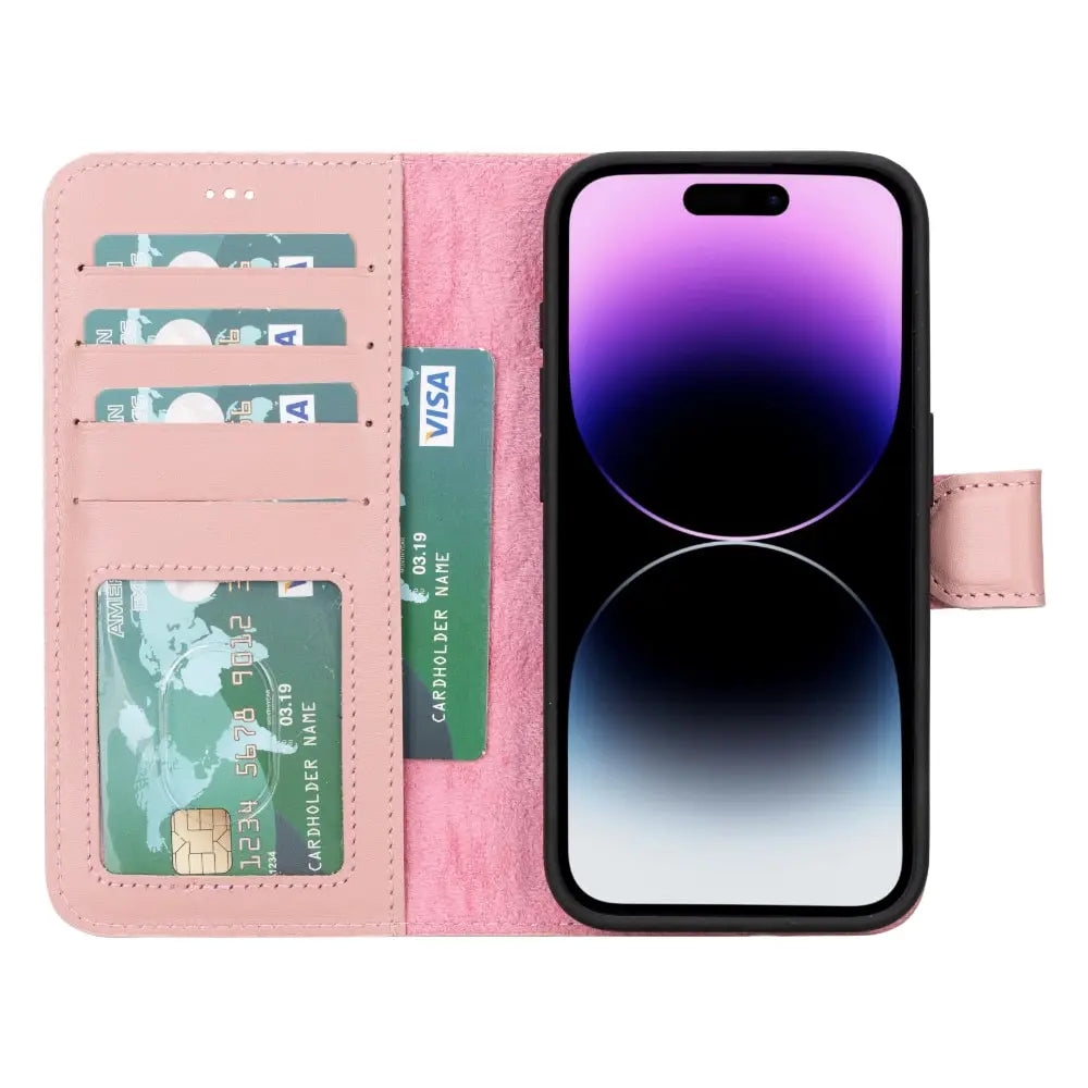 Pink Leather iPhone 15 Pro Max Detachable Card Holder Wallet Case with Magsafe-Bomonti