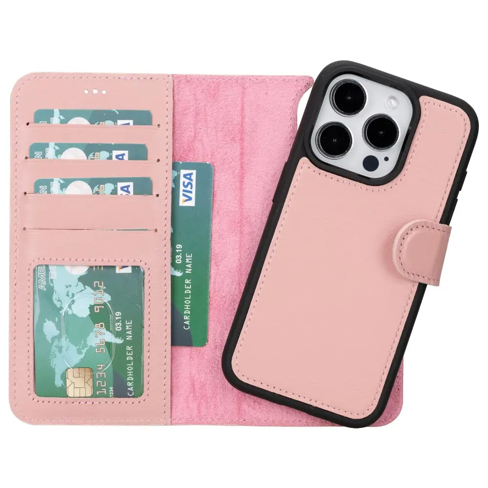 Pink Leather iPhone 15 Pro Max Detachable Card Holder Wallet Case with Magsafe-Bomonti
