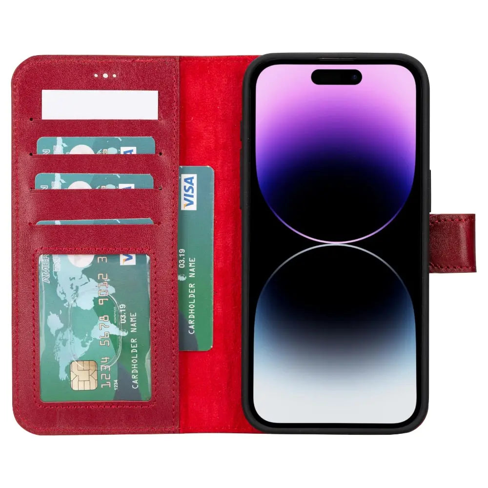 Red Leather iPhone 15 Pro Max Detachable Card Holder Wallet Case with Magsafe-Bomonti