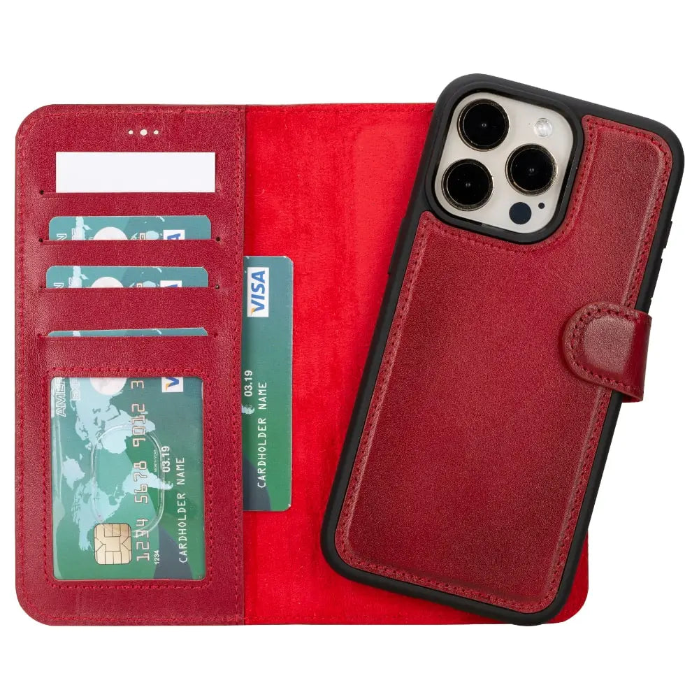 Red Leather iPhone 15 Pro Max Detachable Card Holder Wallet Case with Magsafe-Bomonti