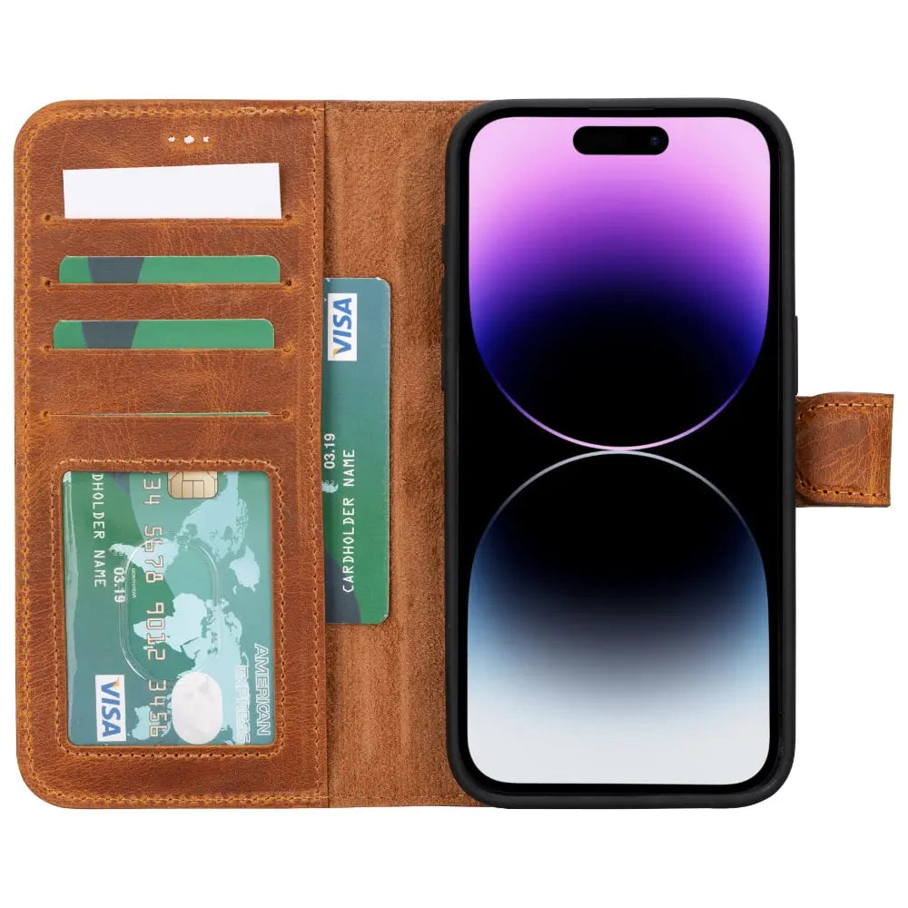 Rustic Brown Leather iPhone 15 Pro Max Detachable Card Holder Wallet Case with Magsafe-Bomonti