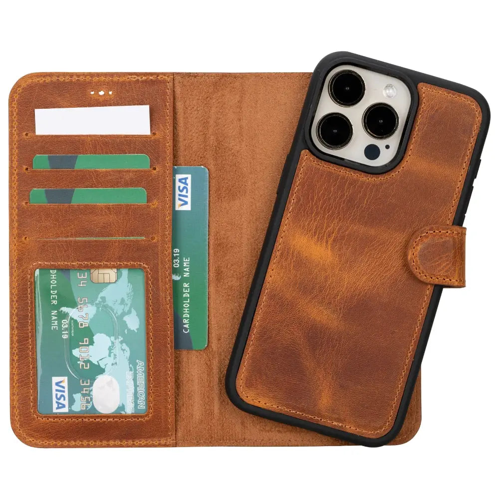 Rustic Brown Leather iPhone 15 Pro Max Detachable Card Holder Wallet Case with Magsafe-Bomonti