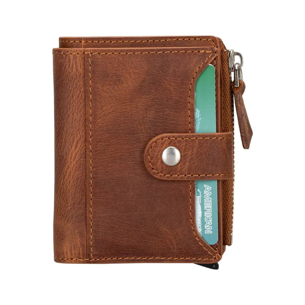 Tan Leather Pop Up Card Wolder Wallet with Zipper Closure Coin Holder Slot – Bomonti