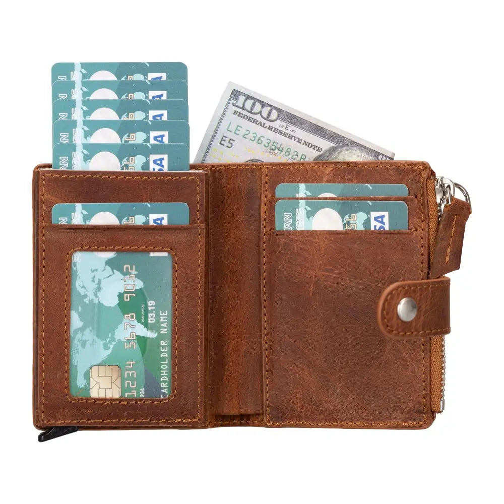 Tan Leather Pop Up Card Wolder Wallet with Zipper Closure Coin Holder Slot – Bomonti
