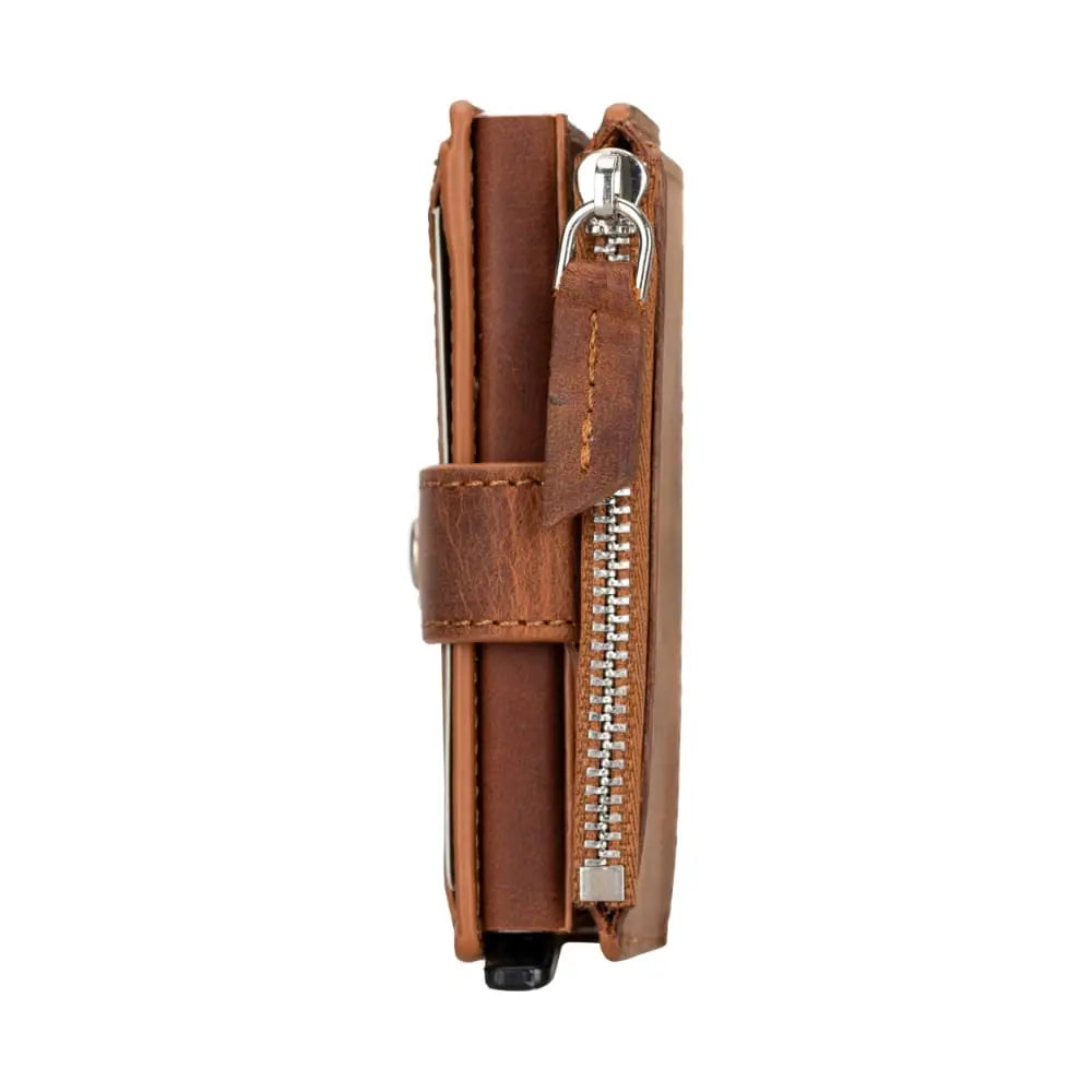 Tan Leather Pop Up Card Wolder Wallet with Zipper Closure Coin Holder Slot – Bomonti