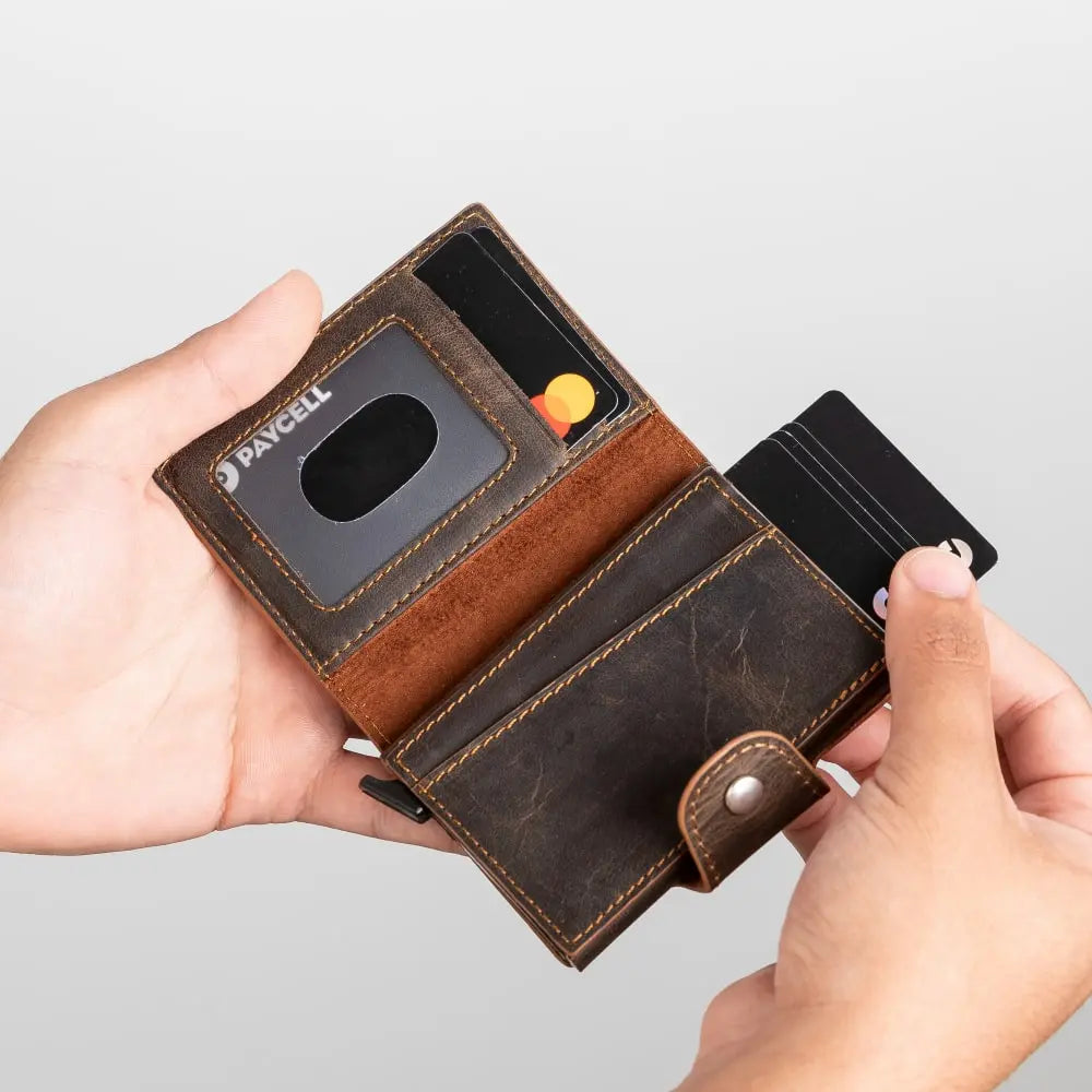 Tan Leather Pop-Up RFID Blocking Detachable Cardholder Wallet - Bomonti Goods
