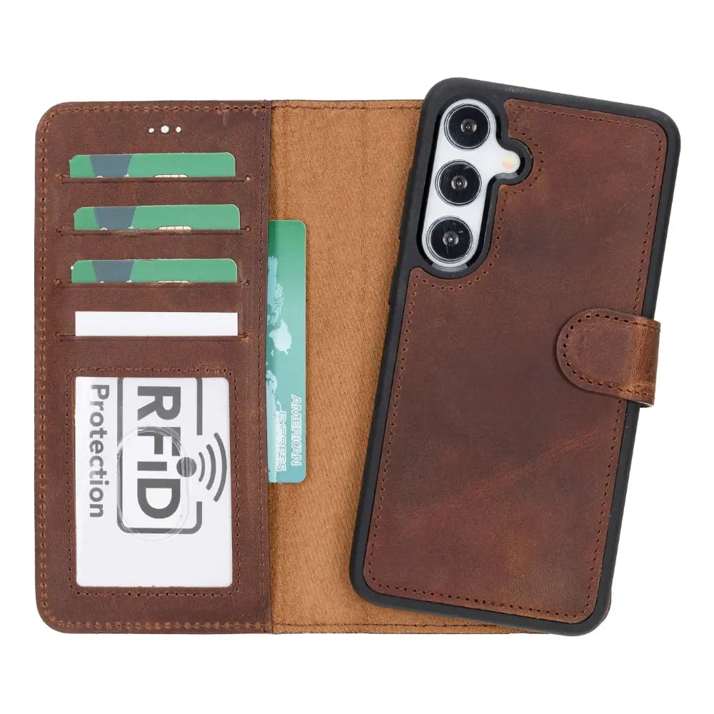 Tan Leather Samsung Galaxy S24 Plus Detachable Wallet Case with Card Holder - Bomonti