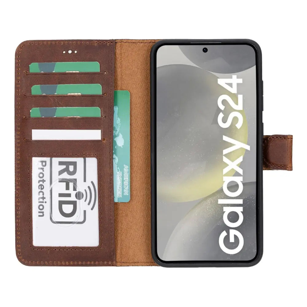 Tan Leather Samsung Galaxy S24 Plus Detachable Wallet Case with Card Holder - Bomonti