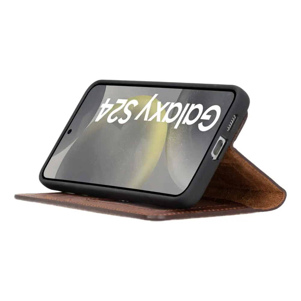 Tan Leather Samsung Galaxy S24 Plus Detachable Wallet Case with Card Holder - Bomonti