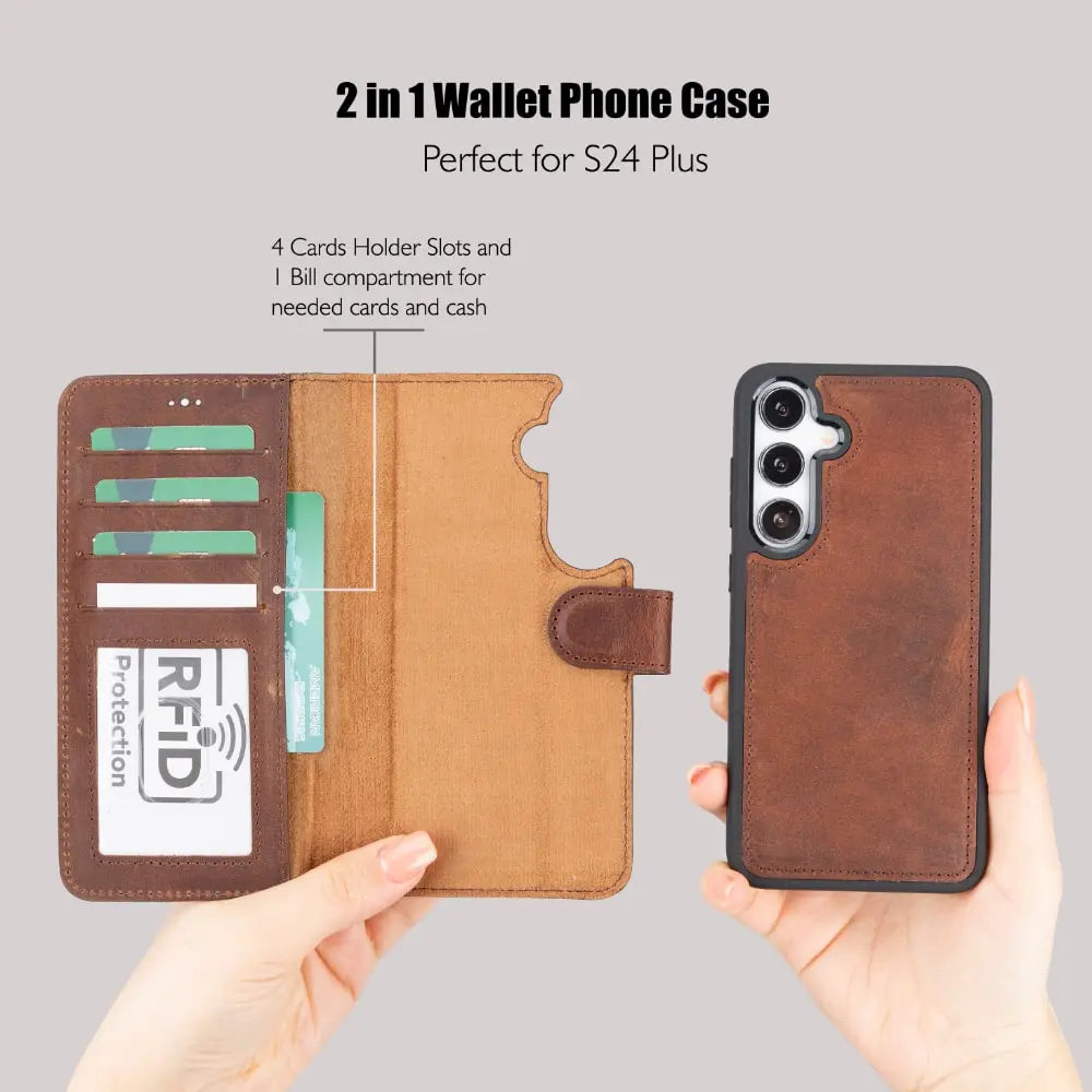 Tan Leather Samsung Galaxy S24 Plus Detachable Wallet Case with Card Holder - Bomonti