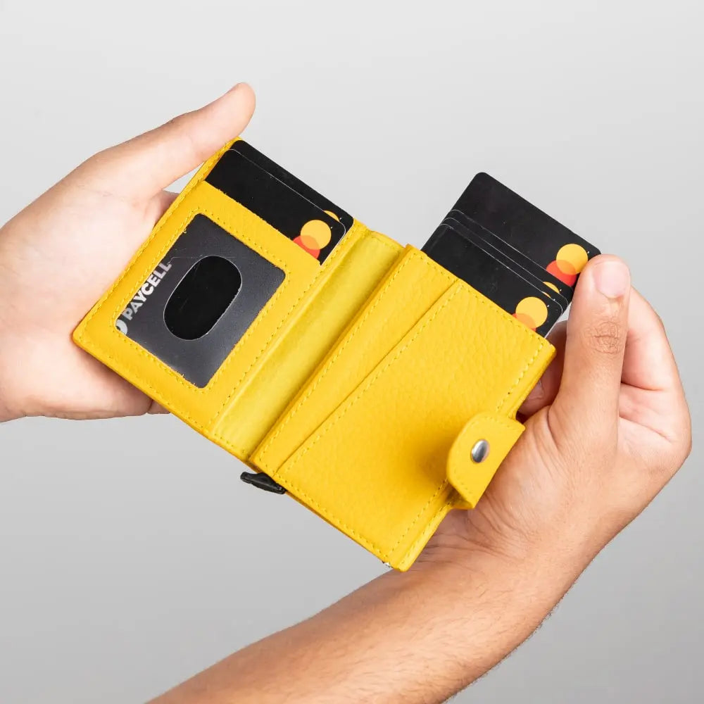 Yellow Leather Pop-Up RFID Blocking Detachable Cardholder Wallet - Bomonti Goods
