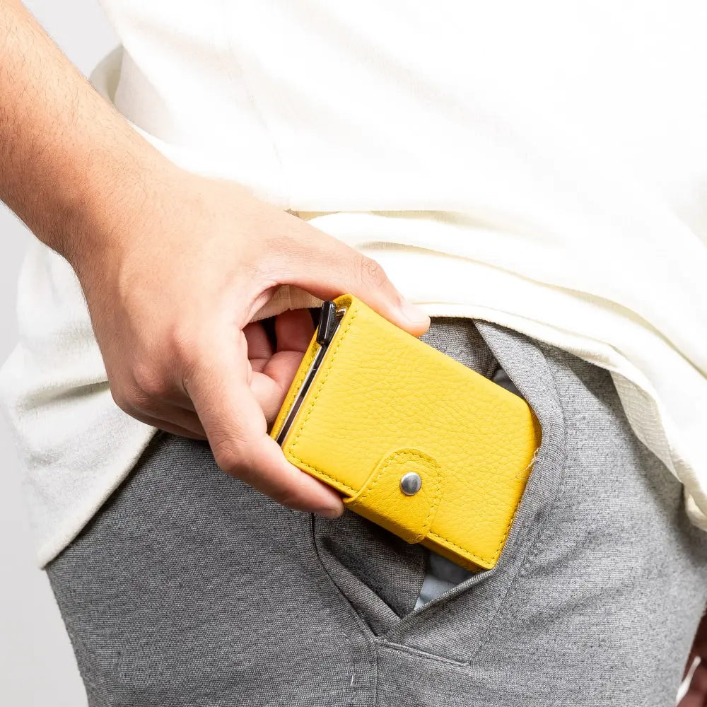 Yellow Leather Pop-Up RFID Blocking Detachable Cardholder Wallet - Bomonti Goods