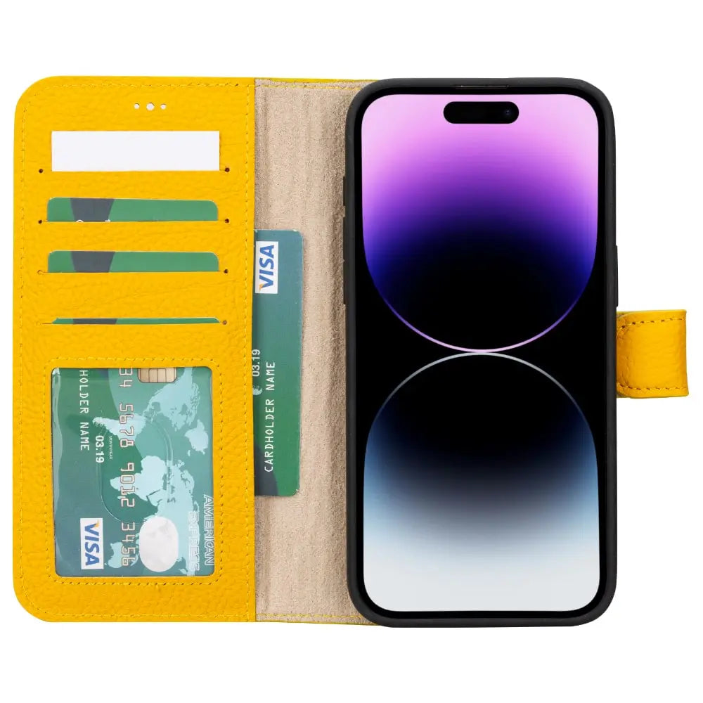 Yellow Leather iPhone 15 Pro Max Detachable Card Holder Wallet Case with Magsafe - Bomonti