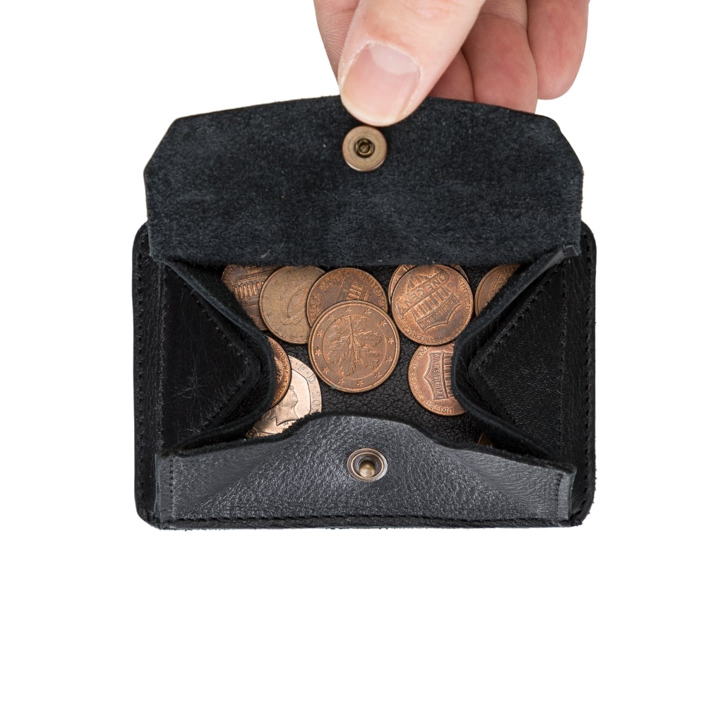 Black Leather Minimalist Coin Wallet Purse - Bomonti - 5