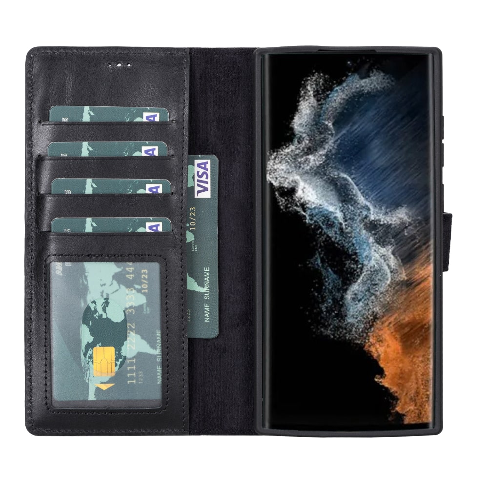 Black Leather Samsung Galaxy S22 Ultra Wallet Case with S Pen & Card Holder - Bomonti Leather - 3