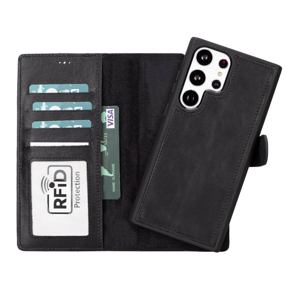 Black Leather Samsung Galaxy S23 Ultra Detachable Wallet Card Holder Cover Case - Bomonti - 1
