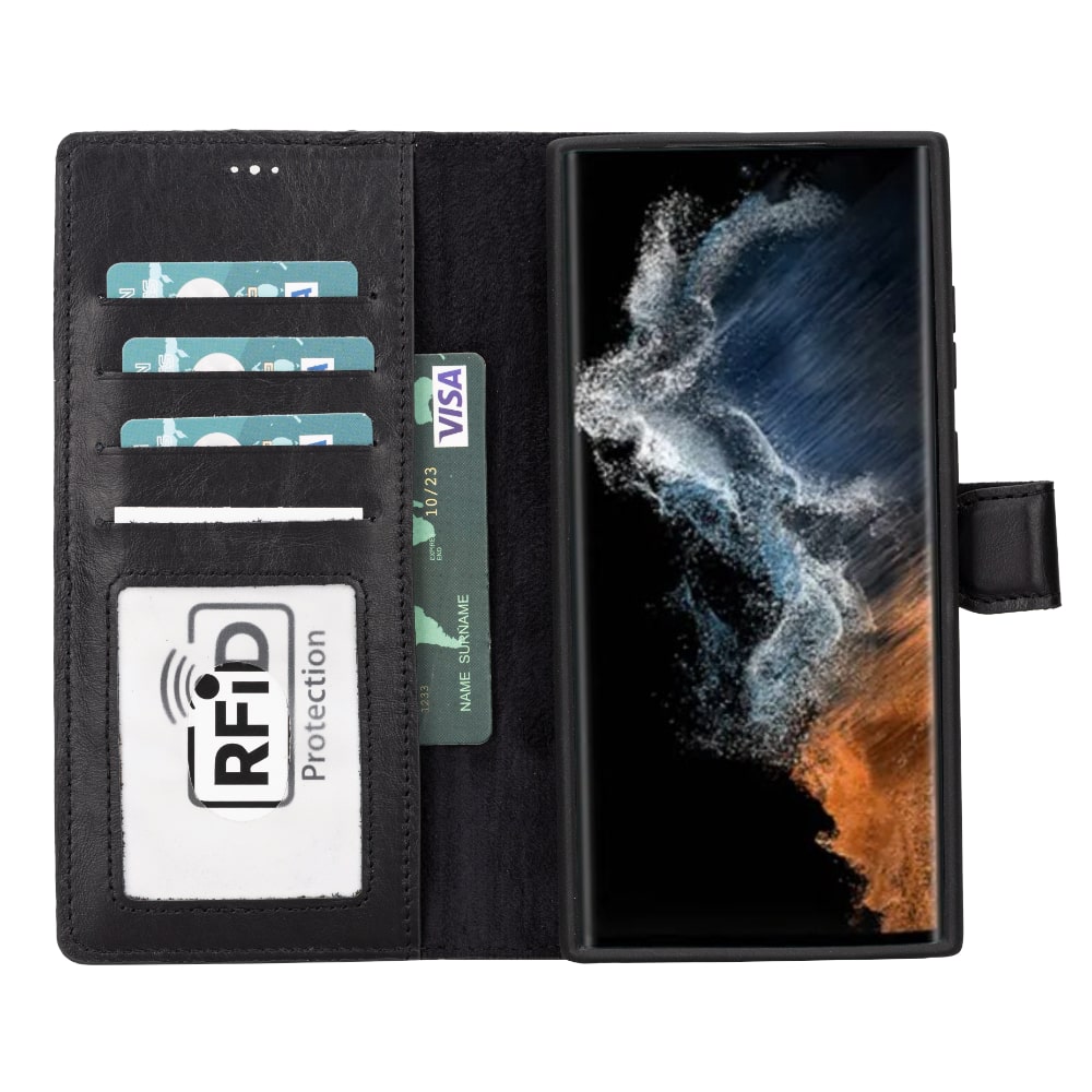 Black Leather Samsung Galaxy S23 Ultra Detachable Wallet Card Holder Cover Case - Bomonti - 2