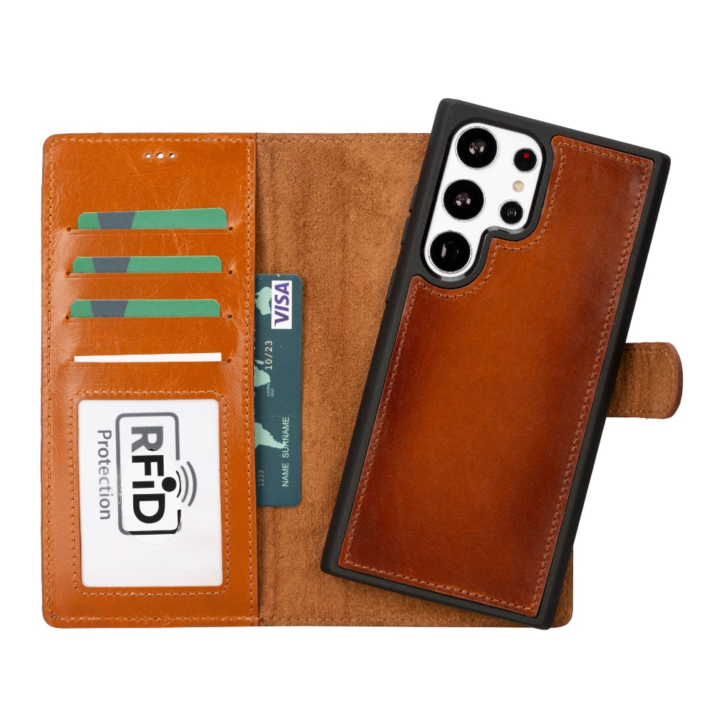 Brown Leather Samsung Galaxy S23 Ultra Detachable Wallet Card Holder Cover Case - Bomonti - 1