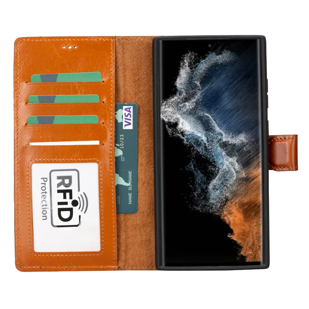 Brown Leather Samsung Galaxy S23 Ultra Detachable Wallet Card Holder Cover Case - Bomonti - 2