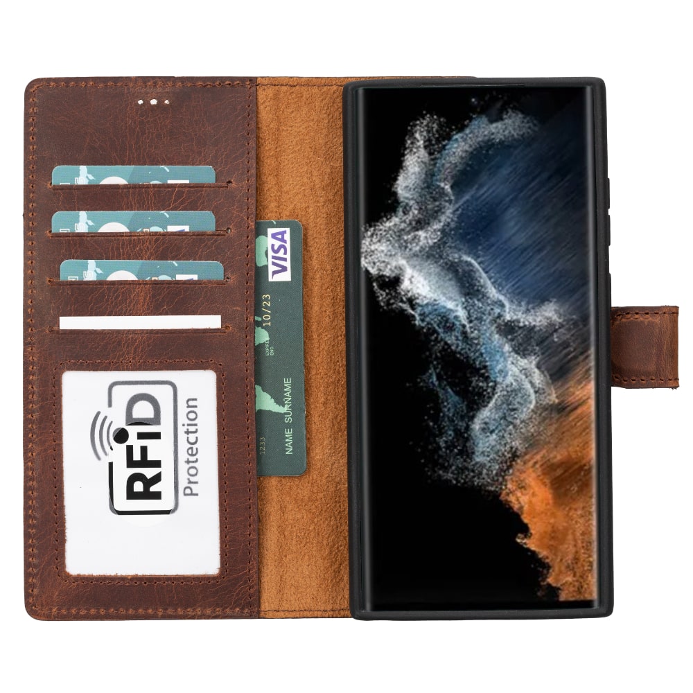 Tan Brown Leather Samsung Galaxy S23 Ultra Detachable Wallet Card Holder Cover Case - Bomonti - 2