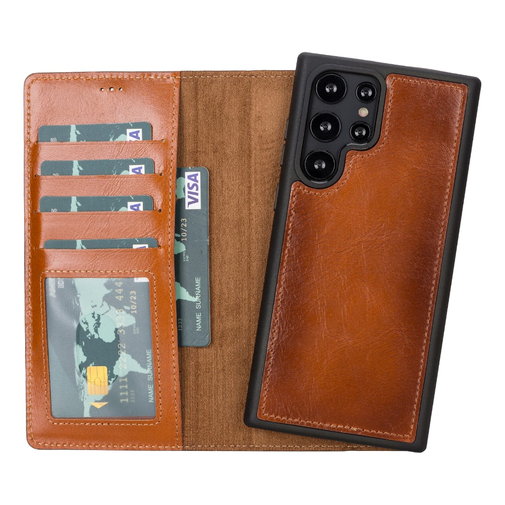 Golden Brown Leather Samsung Galaxy S22 Ultra Wallet Case with S Pen & Card Holder - Bomonti Leather - 4