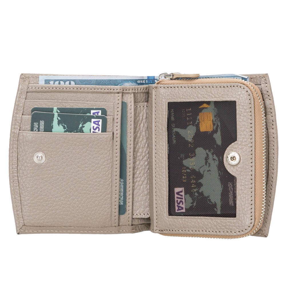 Light Gray Luxury Leather Bifold Minimalist Wallet with Zipper coin slot - Bomonti - 5