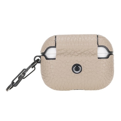 Luxury Beige Leather Apple AirPods Flip Cover Case with Side Hook 3rd Generation - Bomonti - 2