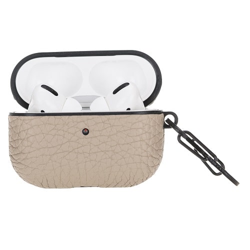 Luxury Beige Leather Apple AirPods Flip Cover Case with Side Hook 3rd Generation - Bomonti - 3