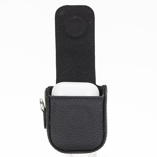 Luxury Black Leather Apple AirPods Bag Cover Case with Side Hooks - Bomonti - 2