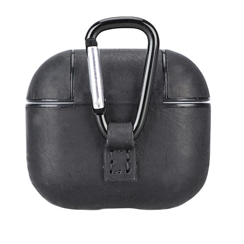 Luxury Black Leather Apple AirPods Flip Cover Case with Back Hook 3rd Generation - Bomonti - 2