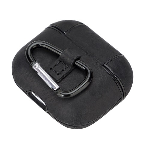 Luxury Black Leather Apple AirPods Flip Cover Case with Back Hook 3rd Generation - Bomonti - 6