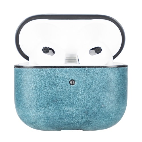 Luxury Blue Leather Apple AirPods Flip Cover Case with Back Hook 3rd Generation - Bomonti - 4
