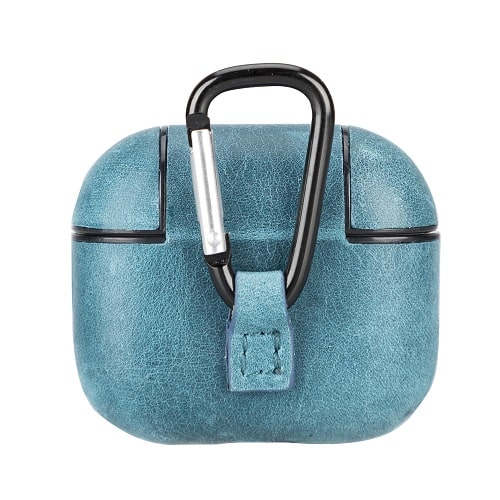 Luxury Blue Leather Apple AirPods Flip Cover Case with Back Hook 3rd Generation - Bomonti - 5