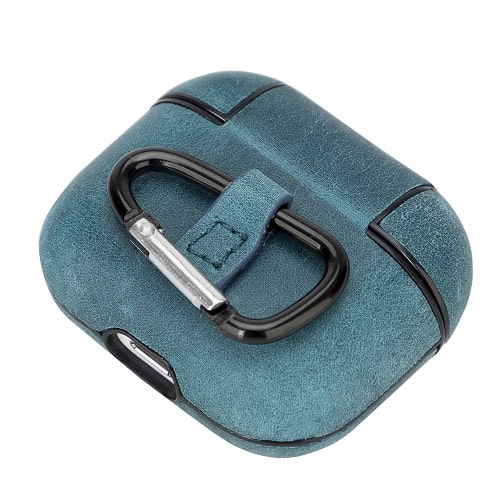 Luxury Blue Leather Apple AirPods Flip Cover Case with Back Hook 3rd Generation - Bomonti - 6