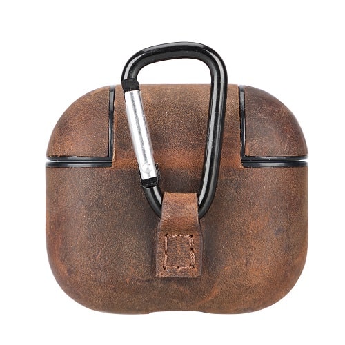 Luxury Brown Leather Apple AirPods Flip Cover Case with Back Hook 3rd Generation - Bomonti - 2