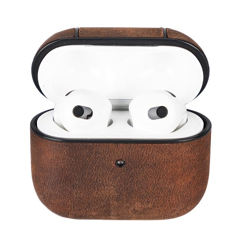 Luxury Brown Leather Apple AirPods Flip Cover Case with Back Hook 3rd Generation - Bomonti - 5