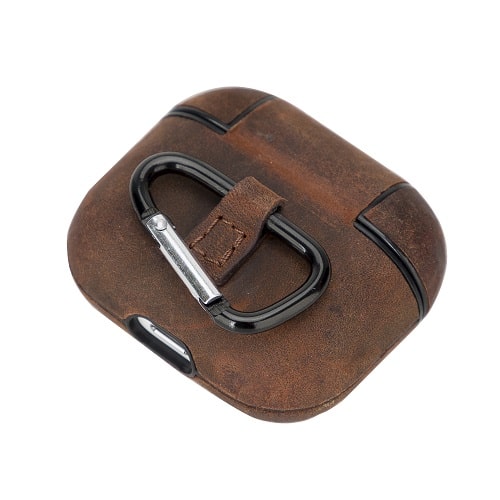 Luxury Brown Leather Apple AirPods Flip Cover Case with Back Hook 3rd Generation - Bomonti - 6