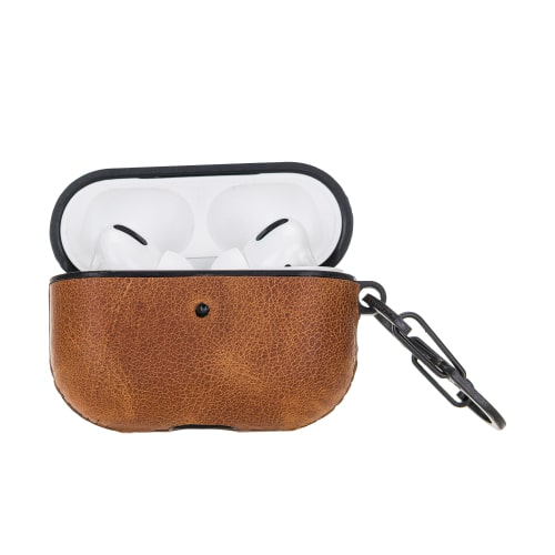 Luxury Brown Leather Apple AirPods Pro Cover Flip Case with Side Hook - Bomonti - 3