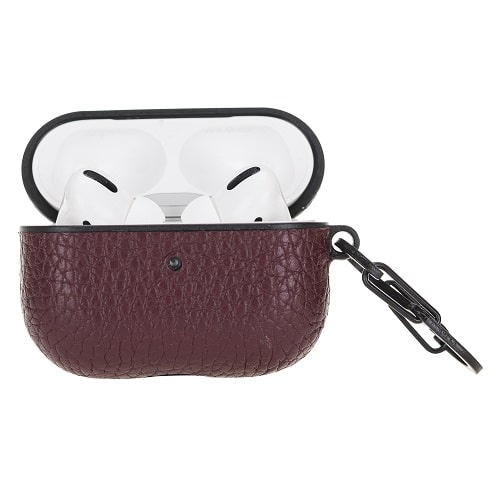 Luxury Burgundy Leather Apple AirPods Flip Cover Case with Side Hook 3rd Generation - Bomonti - 3