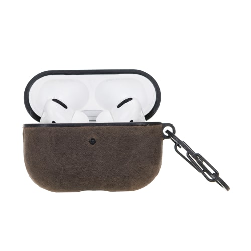 Luxury Dark Brown Leather Apple AirPods Pro Cover Flip Case with Side Hook - Bomonti - 3