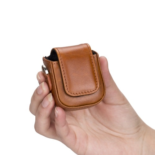 Luxury Golden Brown Leather Apple AirPods Bag Cover Case with Side Hooks - Bomonti - 6