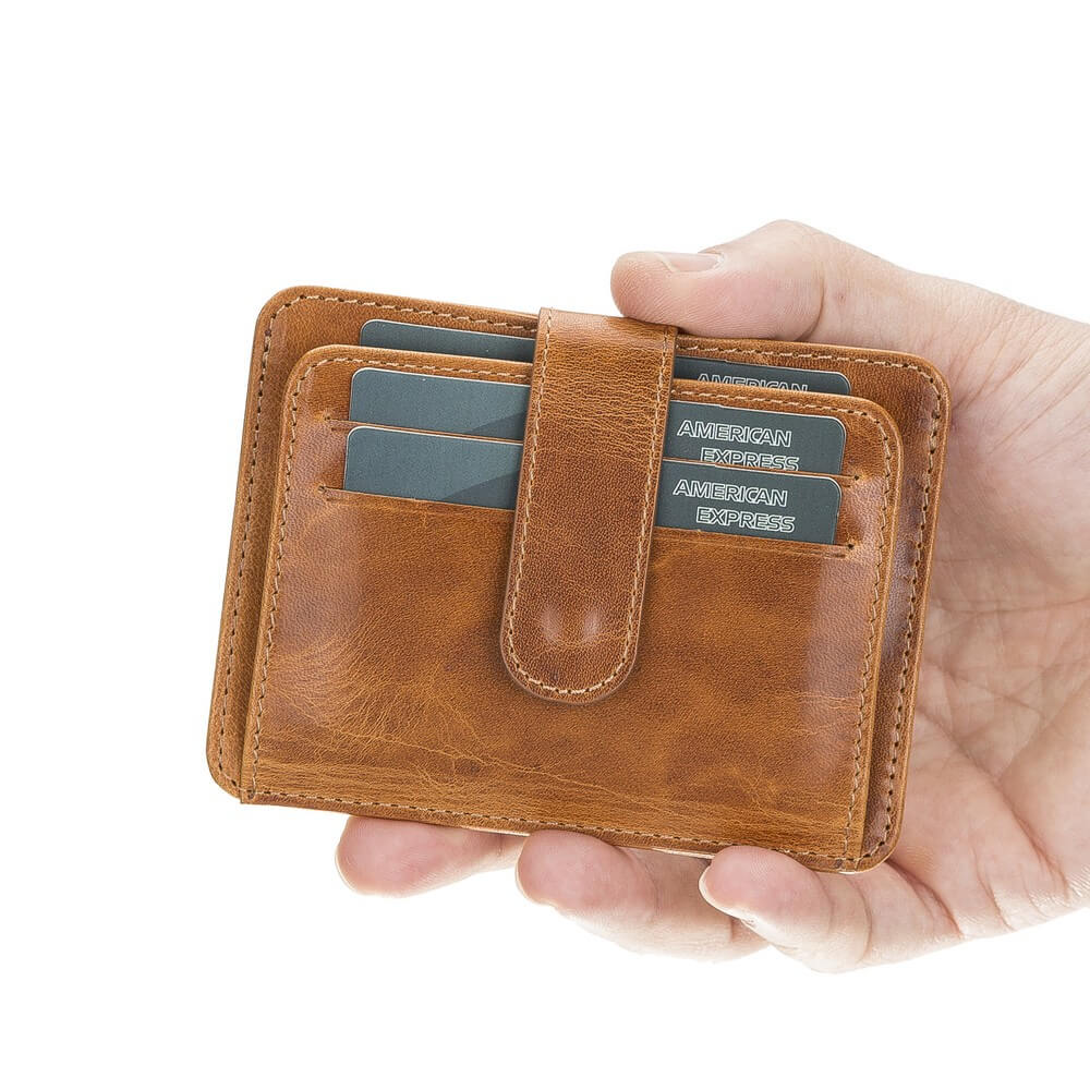 Luxury Golden Brown Leather Bifold Card Holder with Snap Closure - Bomonti - 1