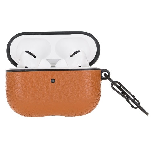 Luxury Golden Brown Leather Apple AirPods Flip Cover Case with Side Hook 3rd Generation - Bomonti - 3