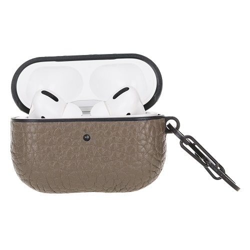 Luxury Grey Leather Apple AirPods Flip Cover Case with Side Hook 3rd Generation - Bomonti - 3